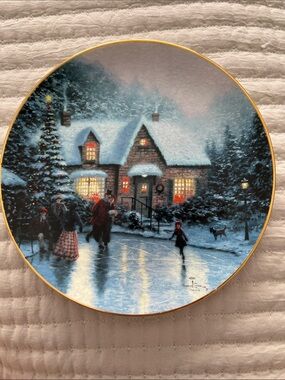 Knowles Gold-Trim Winter Cottage Holiday Plate - Blue & Gold